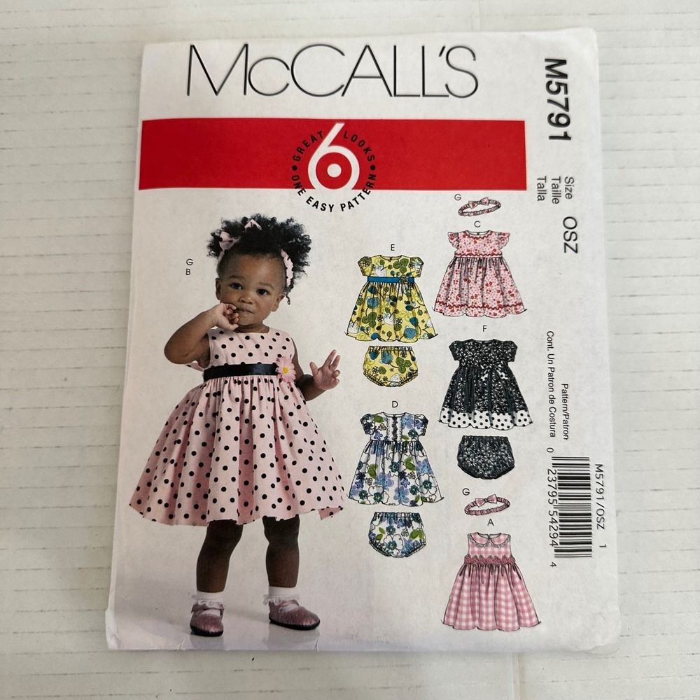 McCall's Sewing Pattern M5791 Infant Dress Bloomer Headband 6 Looks One Size